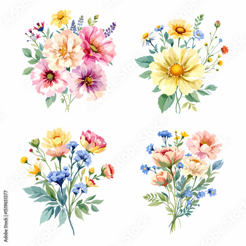 Set of floral bouquet isolated on white background with classical  flowers