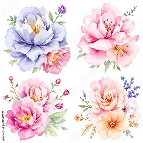 Set of floral bouquet isolated on white background with classical  flowers