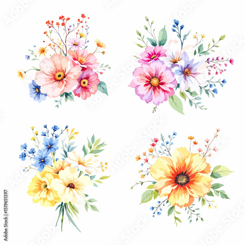 Set of floral bouquet isolated on white background with classical  flowers