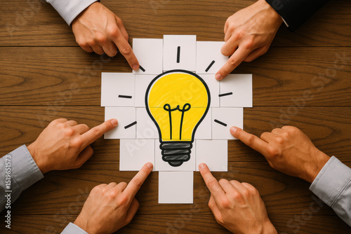 Collaboration and teamwork ignite innovative thinking and problem-solving symbolized by a bright light bulb in a business setting