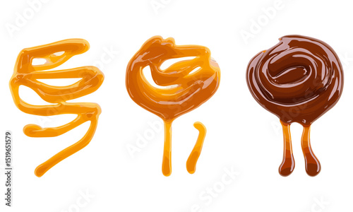 Sweet dessert sauce, caramel topping isolated on white, food garnish, vector illustration, dessert syrup, caramel drizzle, topping for cake, sweet caramel sauce.
