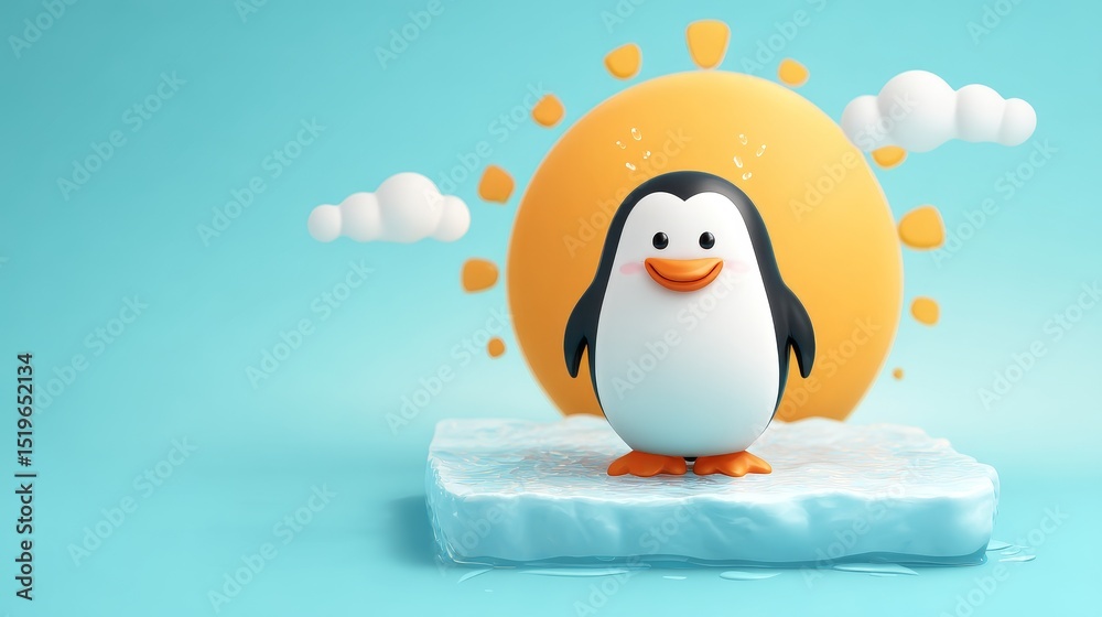 Obraz premium Worried penguin sweating under intense sunlight while standing alone on melting ice block floating in the ocean, symbolizing global warming, climate change, and polar wildlife endangerment