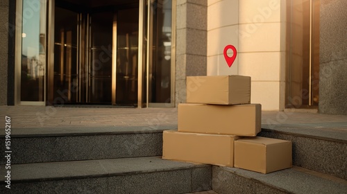 Stacked cardboard boxes rest on the steps leading up to a modern building, illuminated by warm evening sunlight, hinting at recent deliveries awaiting collection