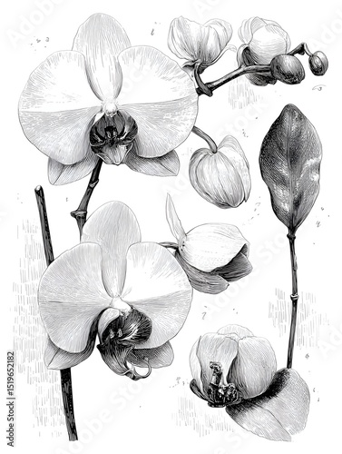 An exquisite monochrome botanical illustration showcases detailed phalaenopsis orchids in various stages of bloom with leaves and buds.