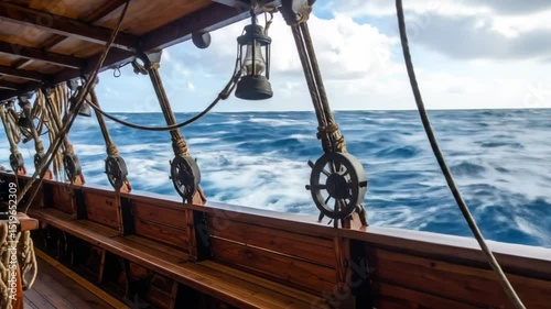 Vintage vessel voyage cinematic perspective on stormy ocean waters and horizons
