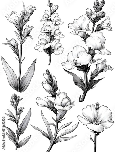 An exquisite collection of meticulously detailed monochrome botanical illustrations showcases various stages of snapdragon flower growth and bloom.