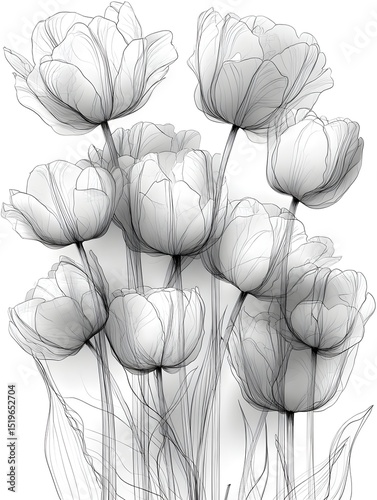 An elegant grayscale illustration showcases a bouquet of delicate tulips with translucent petals and slender stems against a clean white background.