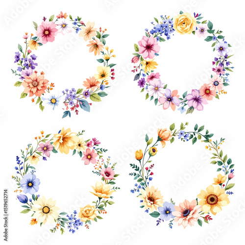 Set Watercolor Floral Wreath, Summer Wreath Clipart Watercolor