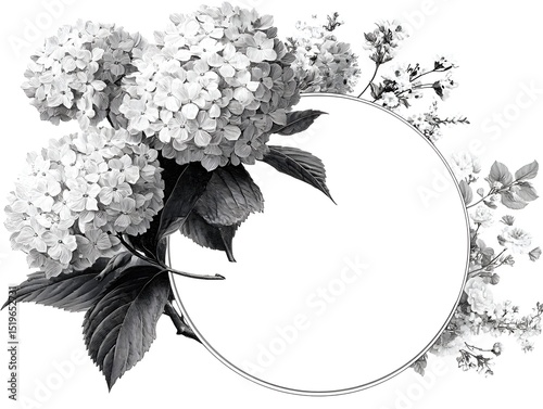 Elegant monochrome hydrangea and blossom floral frame perfect for wedding invitations or elegant stationery design projects.