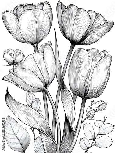 A detailed line art drawing showcases a beautiful bouquet of tulips and eucalyptus leaves elegantly arranged together.