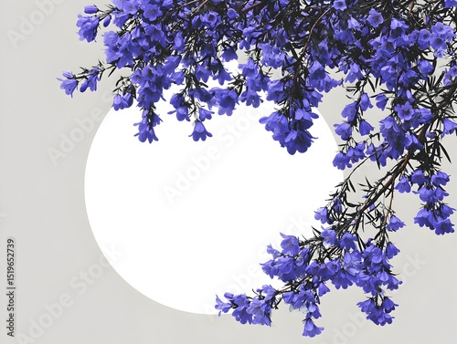 A vibrant cluster of purple bell-shaped flowers elegantly frames a blank circular space perfect for text or design against a muted gray backdrop.