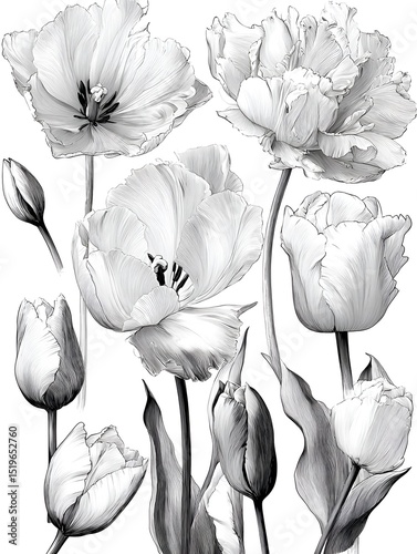 A grayscale botanical illustration showcases a collection of exquisitely detailed tulips in various stages of bloom against a clean white background.