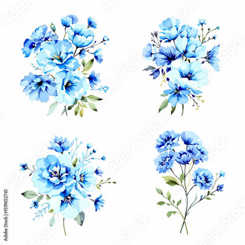 Watercolor blue flowers hand drawn floral illustration set on white background