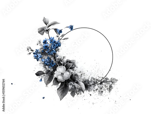 Elegant monochrome floral wreath design with blue flowers and a circular frame perfect for wedding invitations or elegant ing projects.