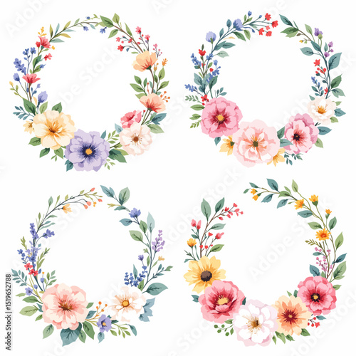 Set Watercolor Floral Wreath, Summer Wreath Clipart Watercolor