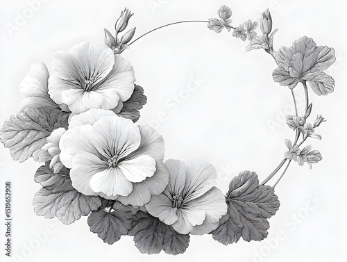 A grayscale illustration of delicate geraniums arranged in a circular wreath perfect for elegant design projects or wedding invitations.