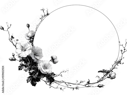 Elegant monochrome floral wreath design with delicate flowers and branches perfectly framing a circular empty space ideal for text or placement.