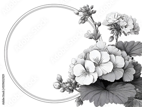 A grayscale botanical illustration features a delicate geranium flower arrangement elegantly placed beside a circular frame perfect for design