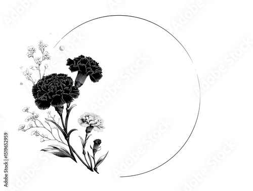 Elegant monochrome carnation floral design with delicate gypsophila in a circular frame perfect for invitations or greeting cards.