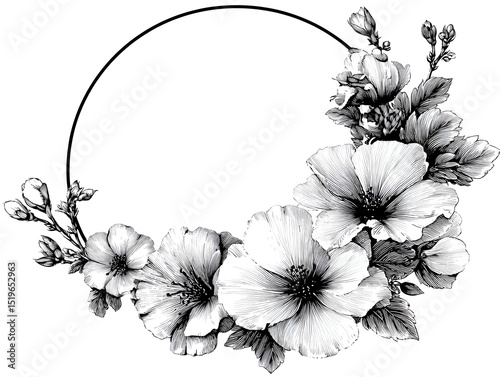 A meticulously detailed monochrome floral wreath illustration features delicate hibiscus blossoms arranged artfully within a circular frame perfect