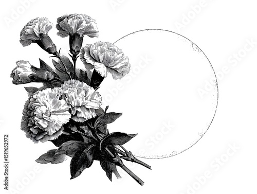 A beautiful bouquet of vintage carnations illustrated in monochrome style with a circular frame perfect for design projects and invitations.