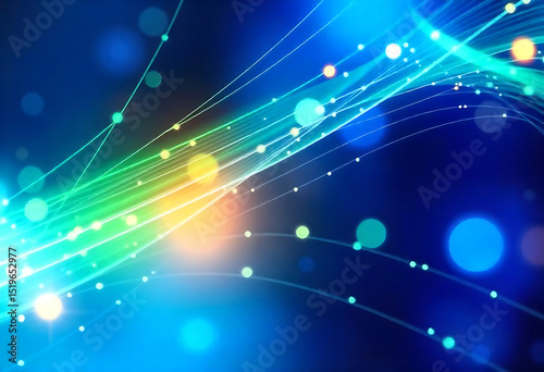 Abstract digital background with flowing lines and colorful bokeh effect on a blue background