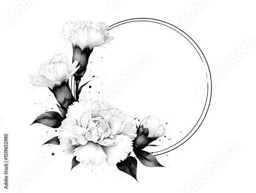 Elegant monochrome carnation floral arrangement with a circular frame perfect for invitations cards or wedding stationery design.