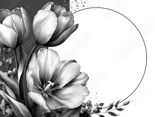 Elegant monochrome tulips and foliage arranged artistically around a circular frame perfect for elegant invitations or wedding stationery designs.