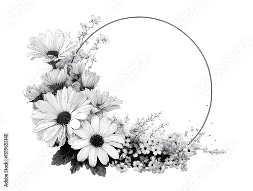 A beautiful monochrome floral arrangement of daisies and delicate wildflowers artfully surrounds a circular frame perfect for design projects.