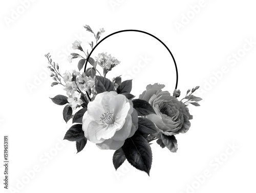 An elegant monochrome floral arrangement featu roses and camellias is artfully displayed within a simple circular frame.