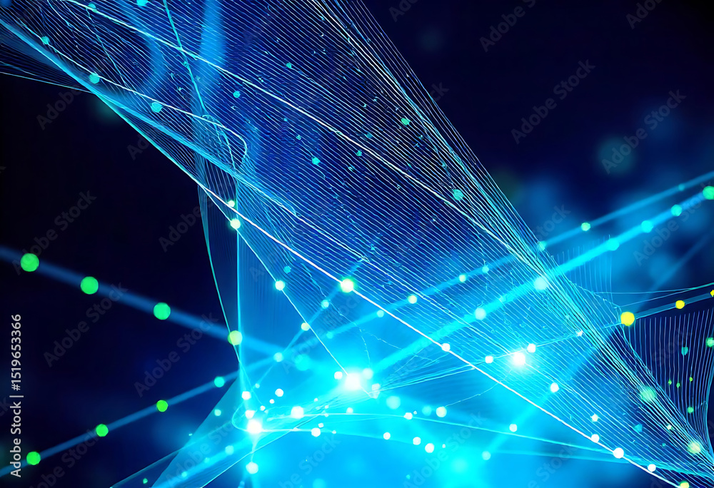 Obraz premium Abstract digital data connection technology lines and dots in shades of blue and green.