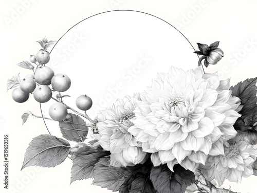 A detailed pencil sketch of dahlias and berries arranged around a circular frame perfect for elegant design projects or invitations.