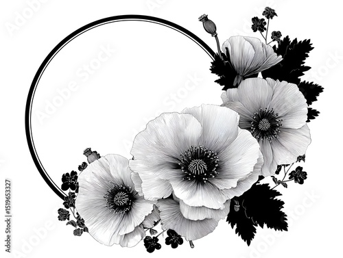 An elegant monochrome illustration features three poppies and foliage arranged artfully within a circular frame perfect for design projects.
