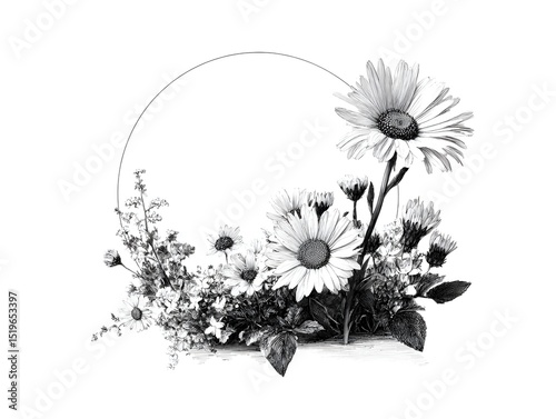 A grayscale illustration of daisies and wildflowers arranged in a circular frame perfect for wedding invitations or greeting cards.