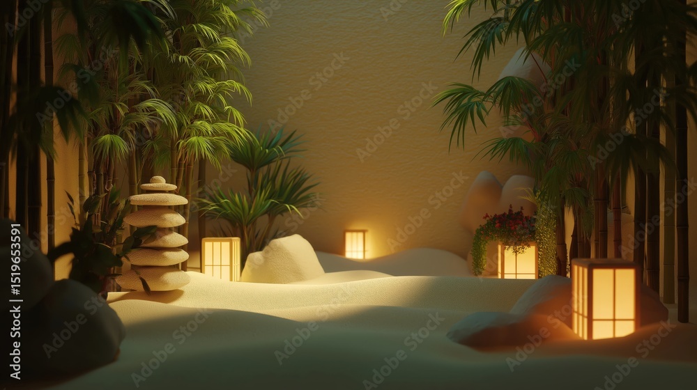 Fototapeta premium Tranquil Zen Garden with Bamboo, Stones, Lanterns and Soft Sand