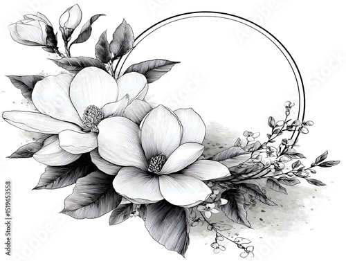 Elegant monochrome magnolia blossoms and delicate foliage arranged artfully within a stylish circular frame perfect for design projects.