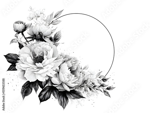 A beautiful monochrome floral arrangement of peonies and leaves elegantly frames a circular space perfect for text or design elements.