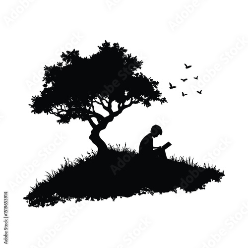A student reading a book under a tree simple minimal vector silhouette