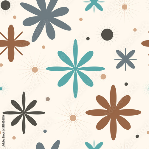 Vintage Style Seamless Background with Abstract Flowers.Seamless vector pattern with retro floral shapes and starburst accents in muted background, fabric, wallpaper, wrapping paper, digital prints