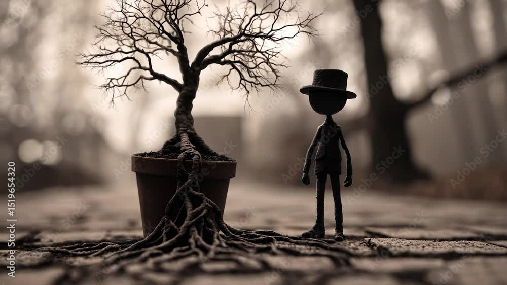 A miniature figure stands before a bonsai tree with exposed roots, set against a blurred background of trees and cobblestones