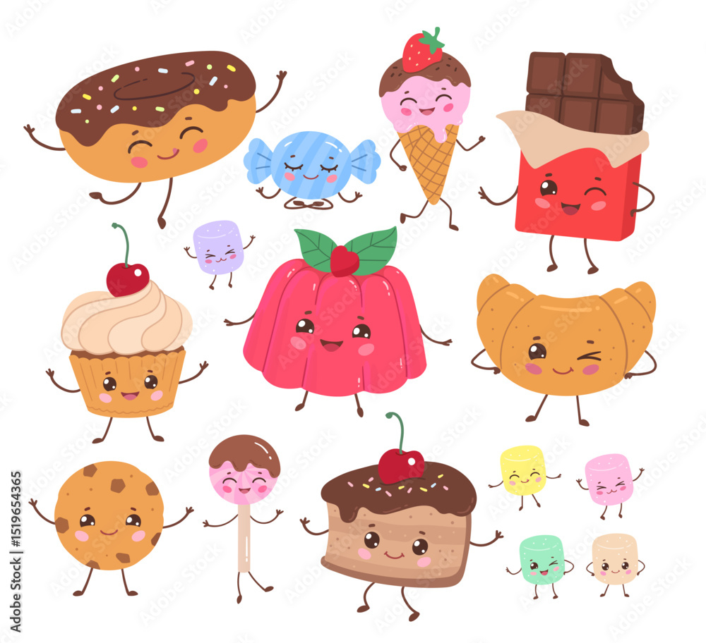 Fototapeta premium Vector illustration of various cute desserts, candy, and pastries with smiling faces. Flat isolated illustration.