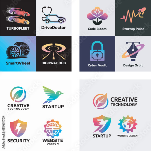 Collection of colorful logos for technology startups and businesses illustrating various concepts and services