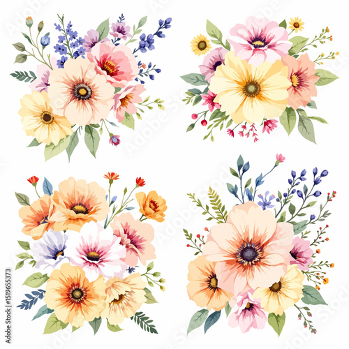 Set of floral bouquet isolated on white background with classical and tropical flowers