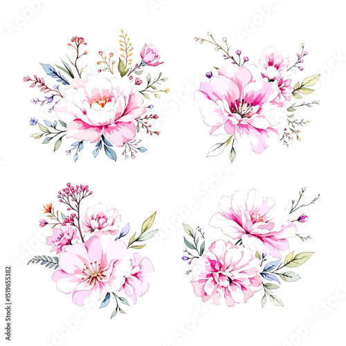 Set of floral bouquet isolated on white background with classical and tropical flowers