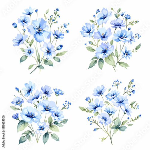Watercolor blue flowers hand drawn floral illustration set on white background