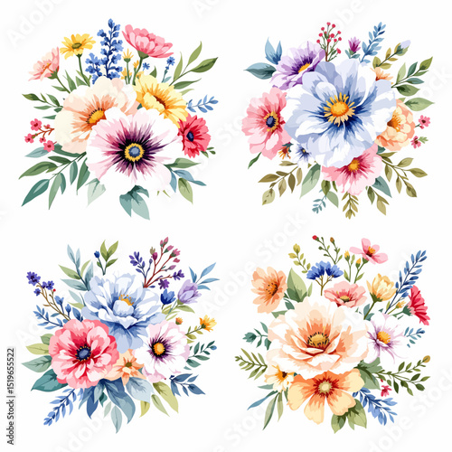 Set watercolor bouquet abstract flowers on white background