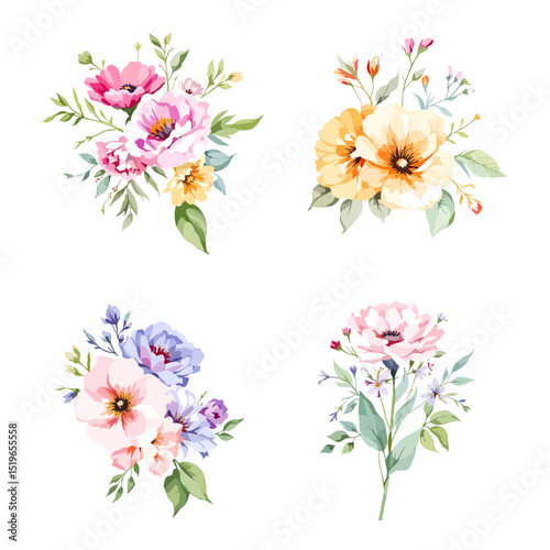 Set watercolor bouquet abstract flowers on white background