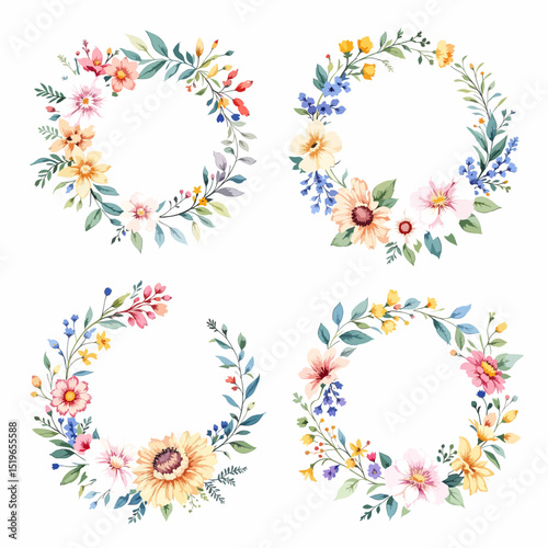 Set Watercolor Summer Floral Wreath, Summer Wreath Clipart Watercolor