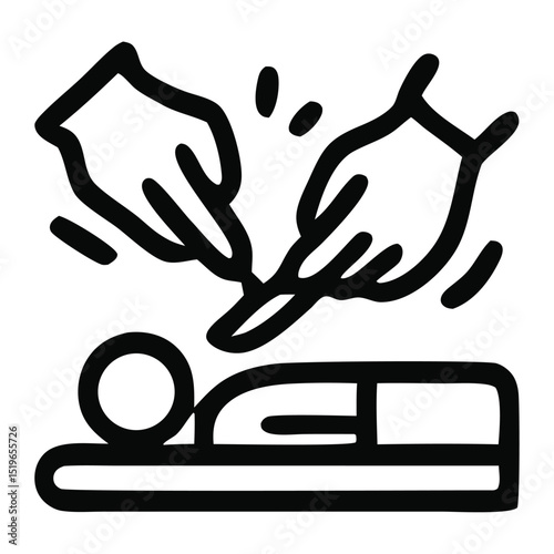 Two hands touching a person lying in a bed.