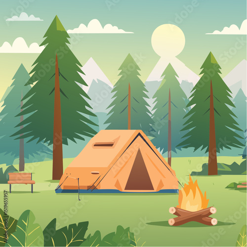 Camping tents nestled in a vast mountain forest landscape under a summer sky, perfect for nature travel and outdoor adventures